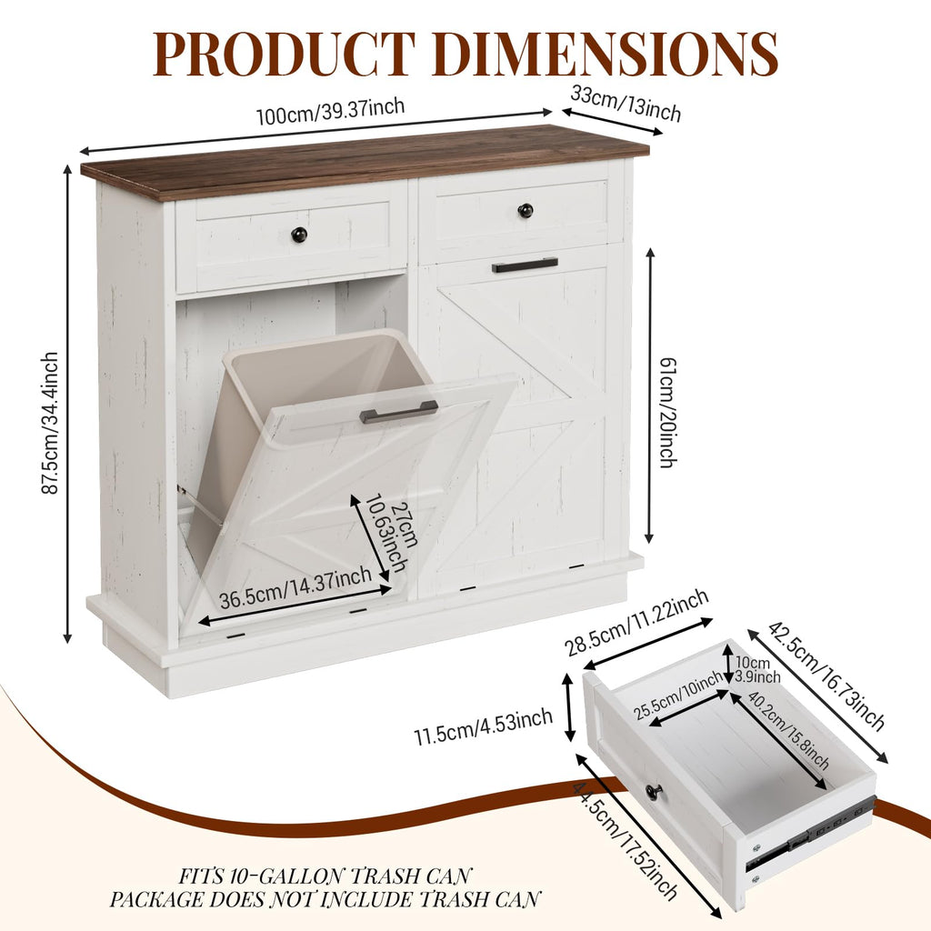 White Double 10-Gallon Tilt Out Trash Can Cabinet with Drawer F605976