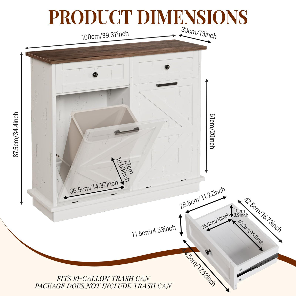 White Double 10-Gallon Tilt Out Trash Can Cabinet with Drawer F605976
