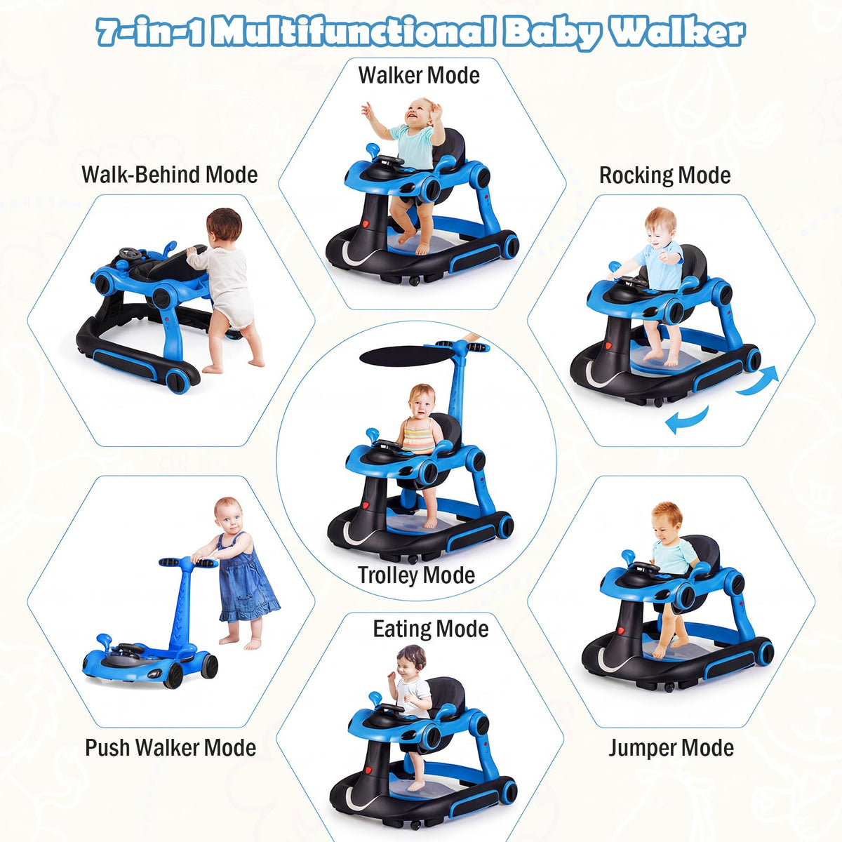 Foldable Baby Walker with Canopy and Wheels X6288