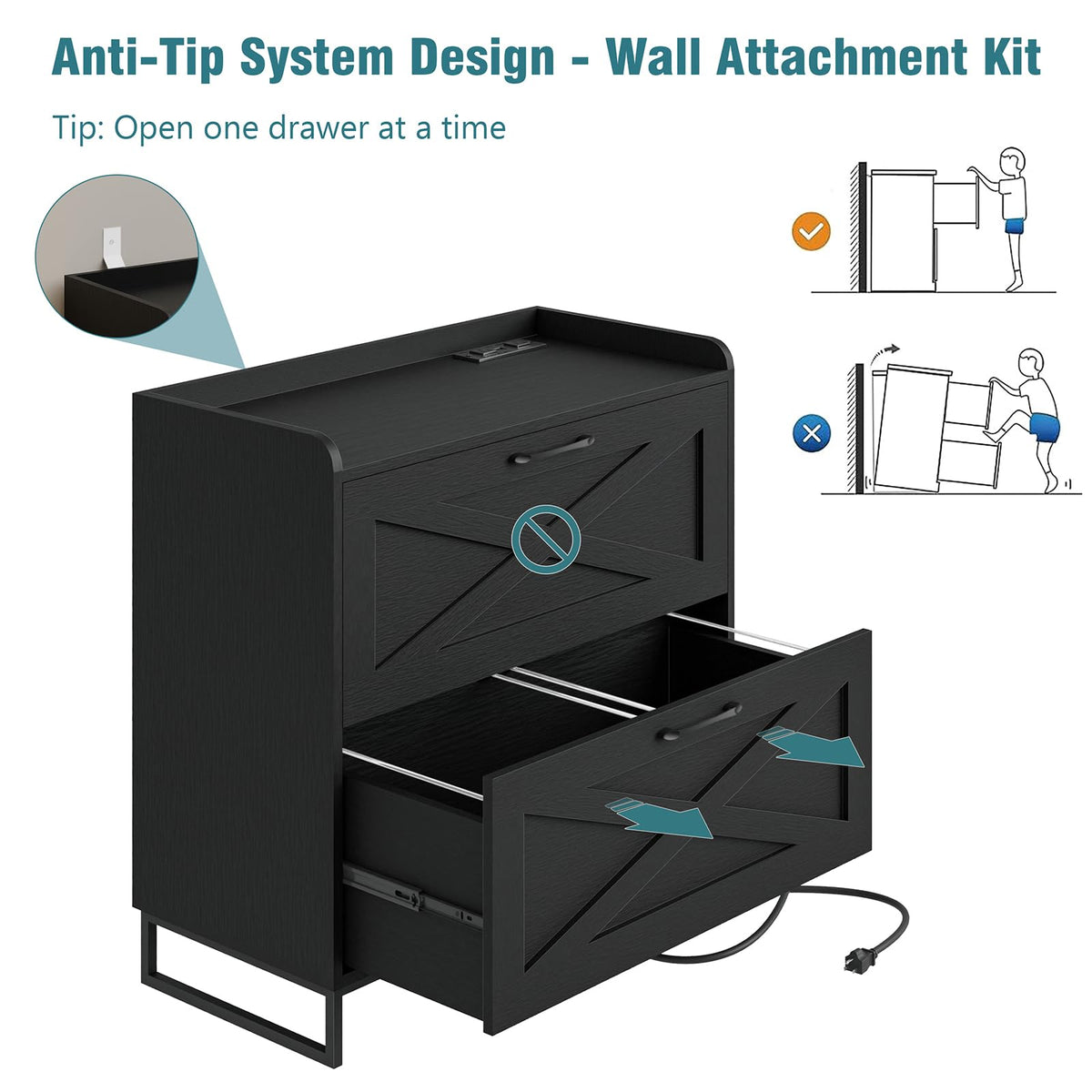 2 Drawer Black File Cabinet with Charging Station A46570