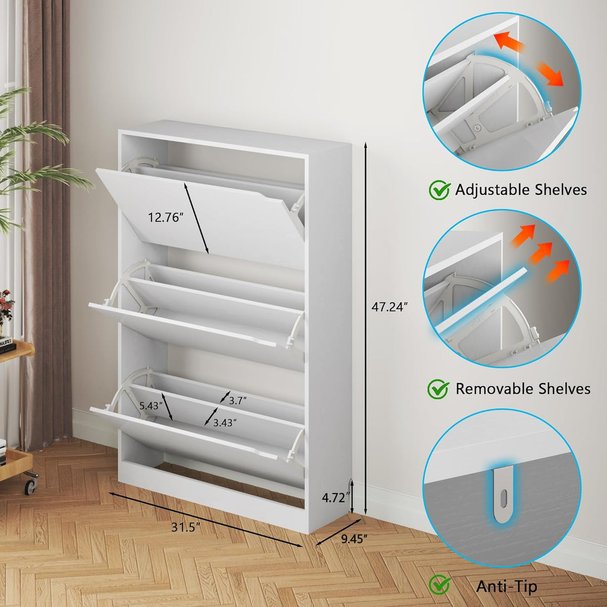 White 3 Flip Drawer Wood Shoe Cabinet J14344
