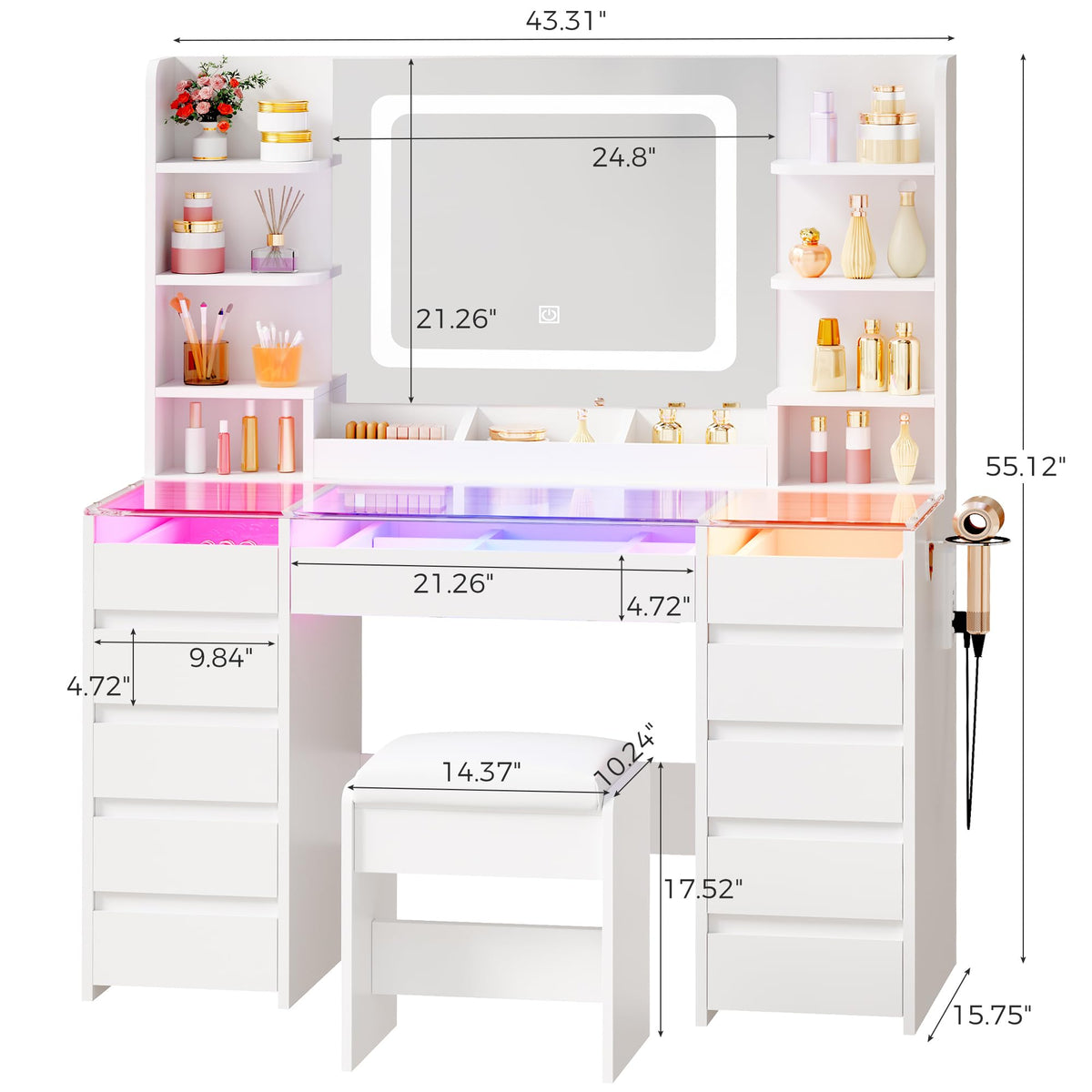Glass Top Vanity Desk with Mirror and Stool F6936