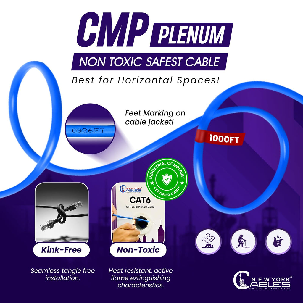 CAT6 Plenum Cable 1000ft 23AWG UTP 4Pairs 550MHz 10Gbps CMP Rated Blue B5319