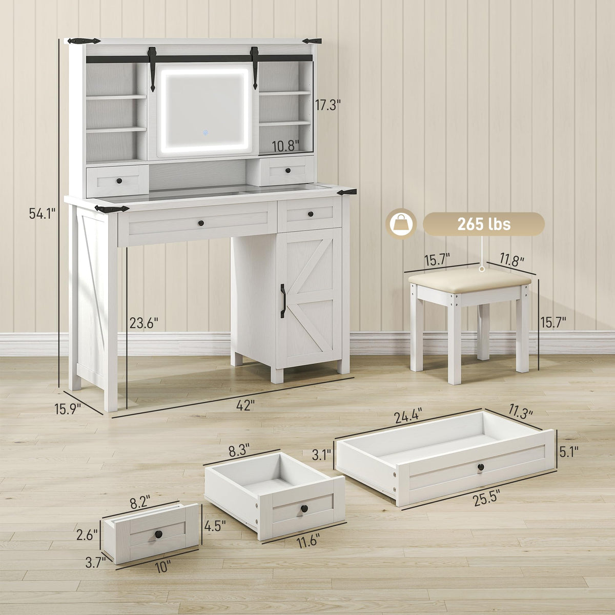 White Vanity Desk with Mirror, LED Lights, Stool N5290