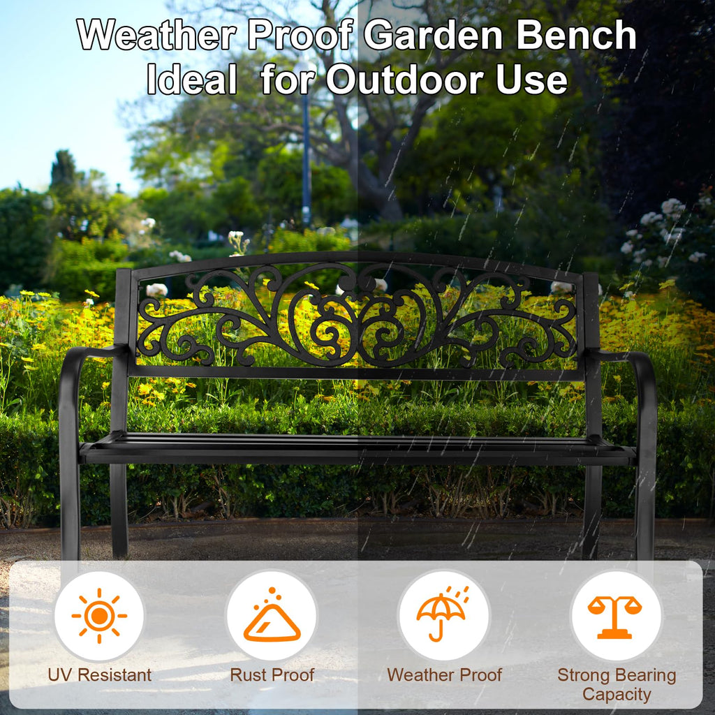 50in Black Metal Outdoor Bench with Armrests S209039