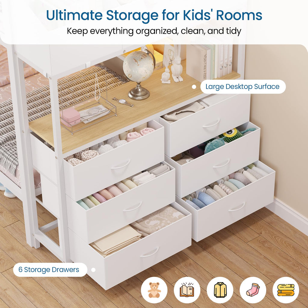 Twin Over Twin Bunk Bed with 6 Storage Drawers, Shelves, LED Lights and Ladder X28361