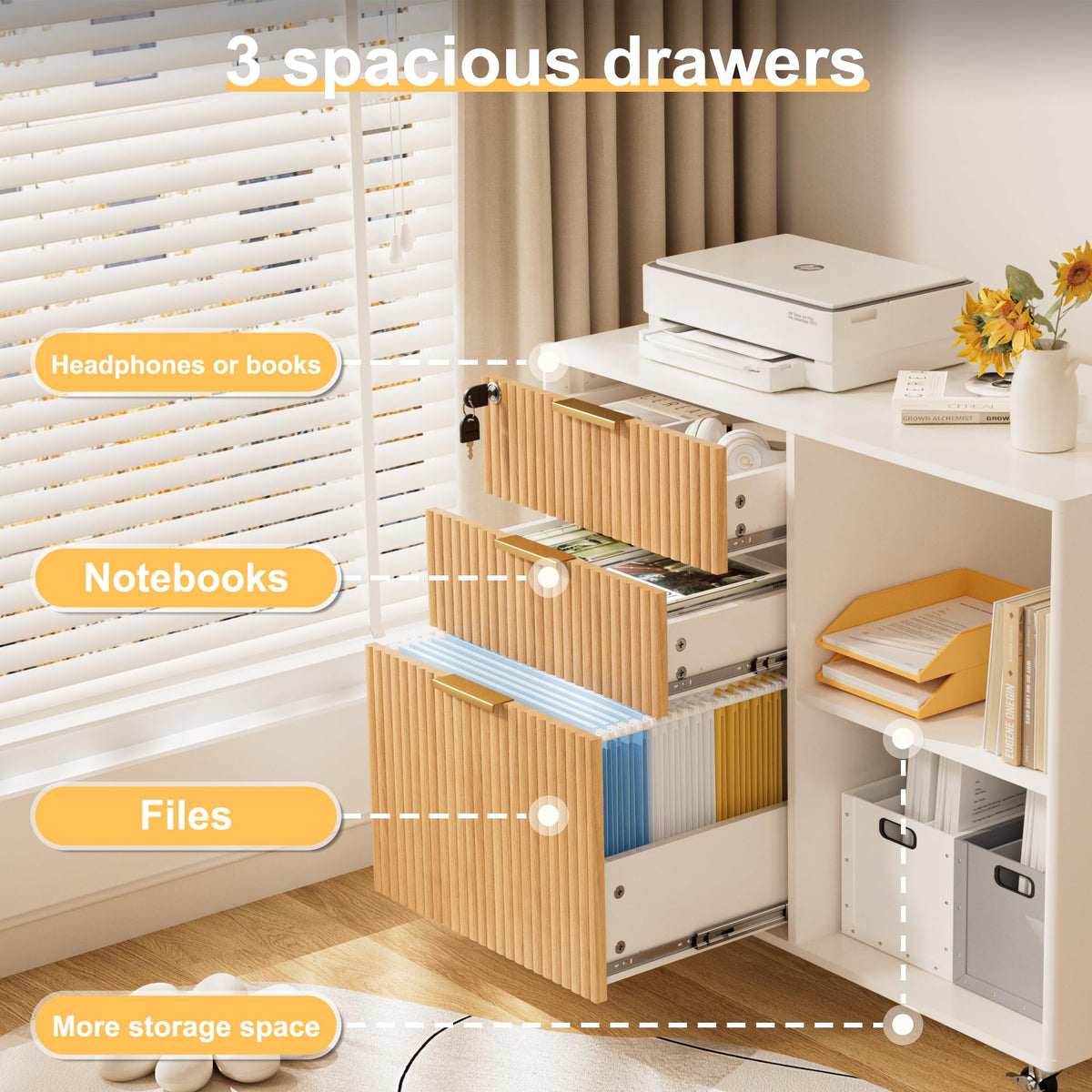 3 Drawer Fluted Mobile Filing Cabinet with Lock T3617