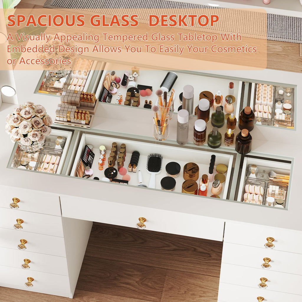 White Vanity Desk with Mirror and 10 LED Lights R29970