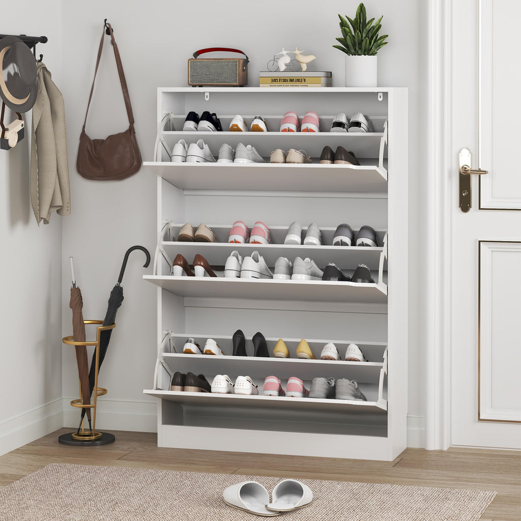 White 3 Flip Drawer Wood Shoe Cabinet J14344