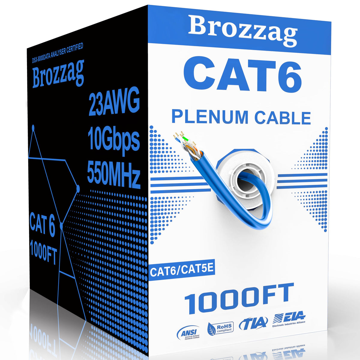 Cat 6 Plenum Cable 1000ft 23AWG Solid CCA 550MHz 10Gbps UTP Ethernet Blue I50140