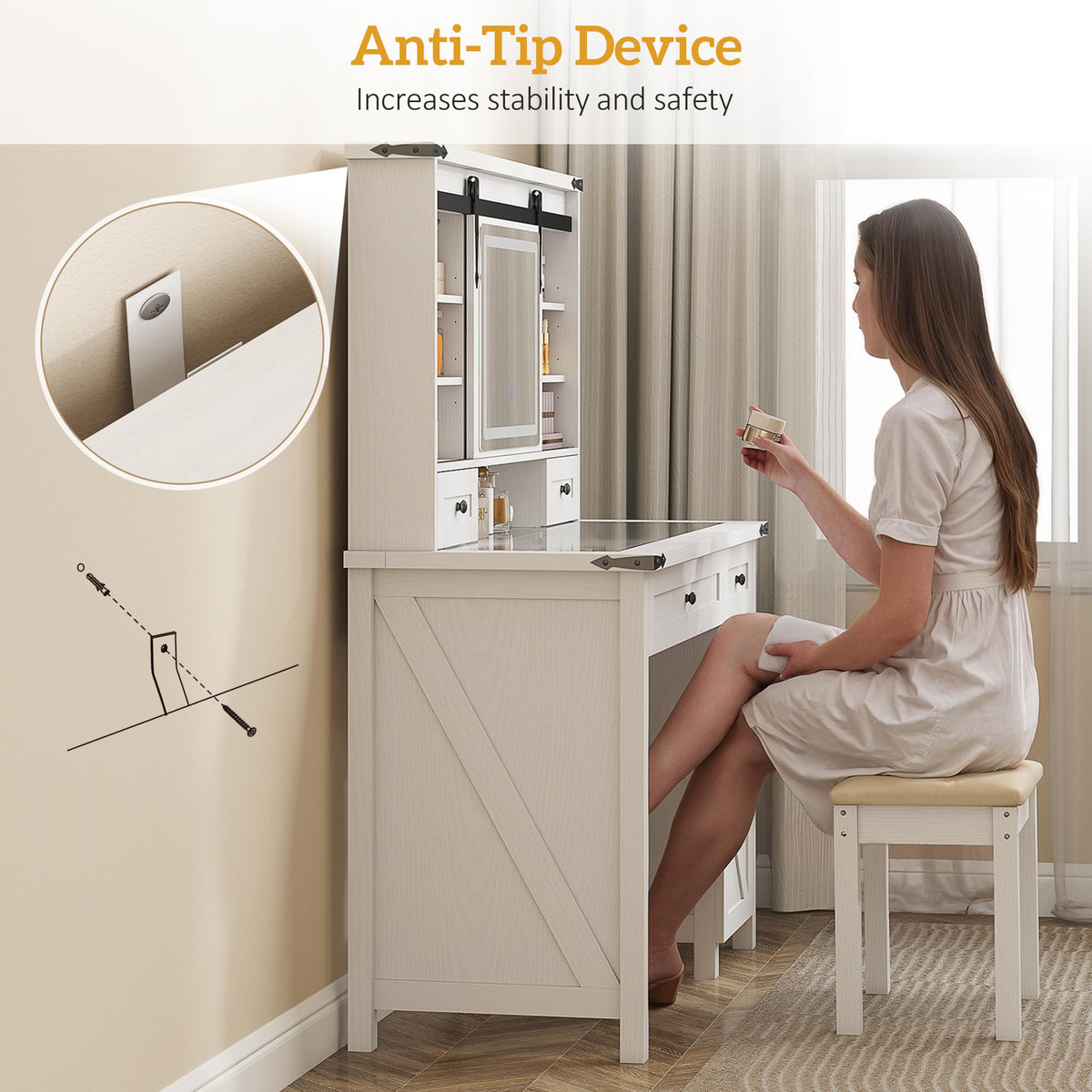 White Vanity Desk with Mirror, LED Lights, Stool N5290