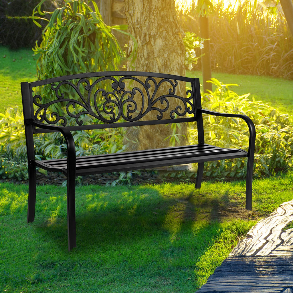 50in Black Metal Outdoor Bench with Armrests S209039