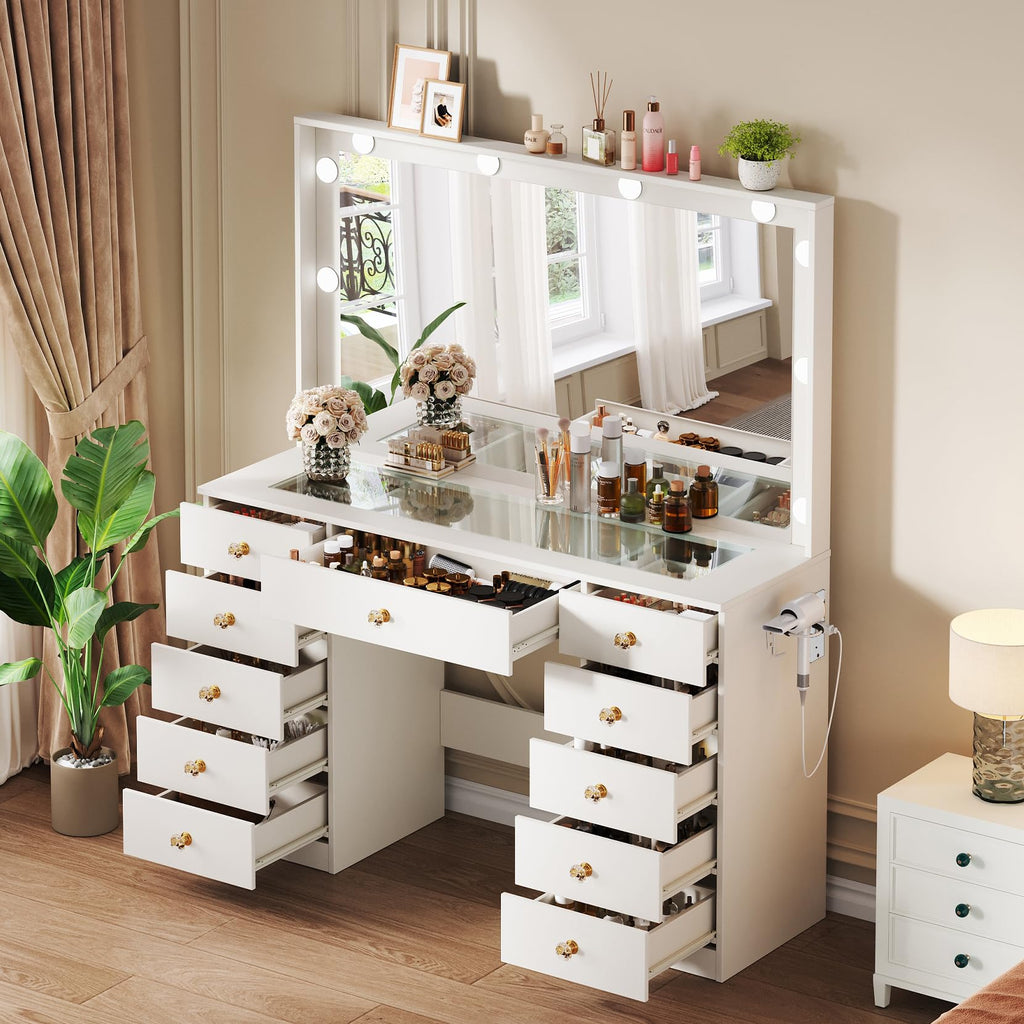 White Vanity Desk with Mirror and 10 LED Lights R29970