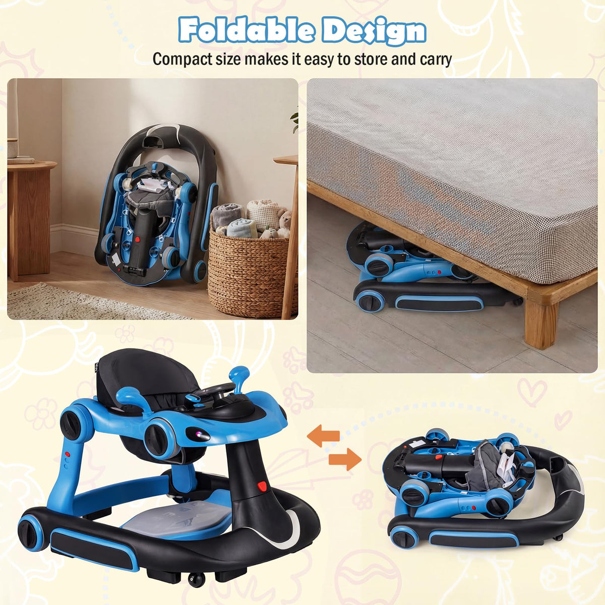 Foldable Baby Walker with Canopy and Wheels X6288