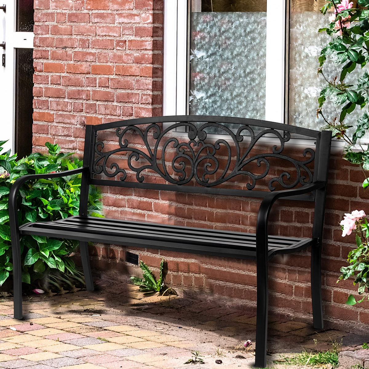 50in Black Metal Outdoor Bench with Armrests S209039