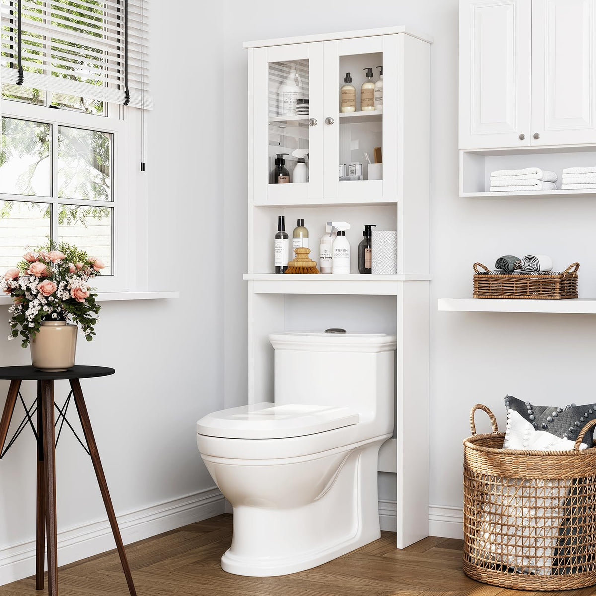 Over The Toilet Storage Cabinet with Tempered Glass Doors F880051