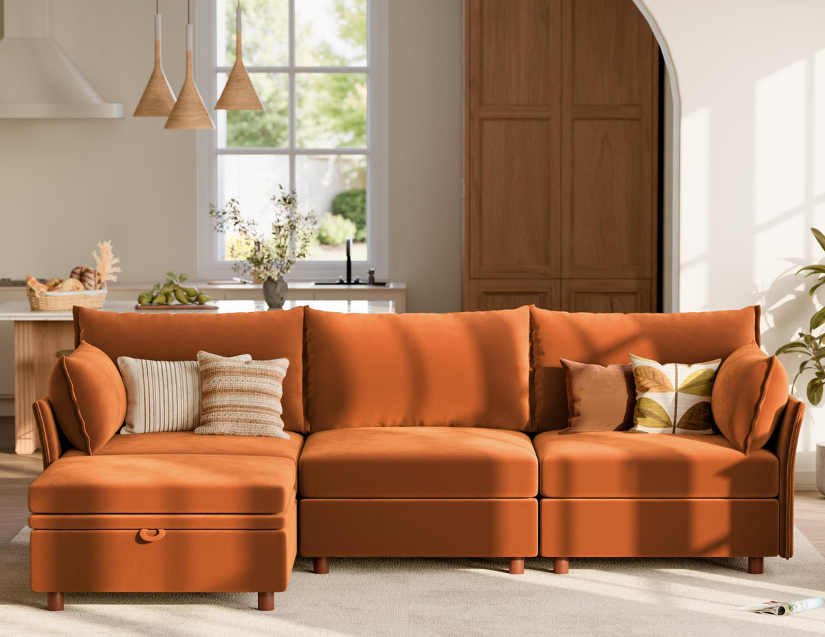 102.6" L Shaped 4 Seater Velvet Sectional Sofa with Storage Ottoman R1709