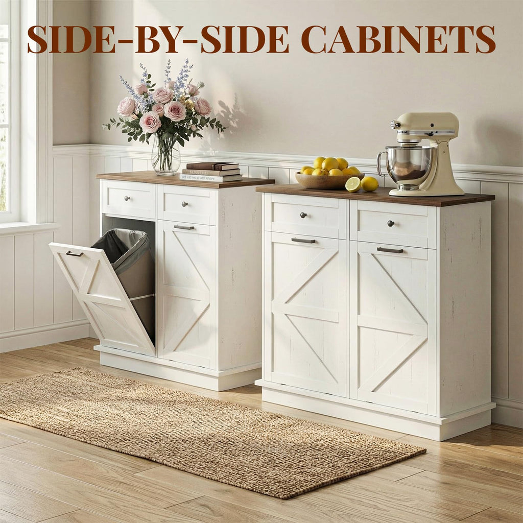 White Double 10-Gallon Tilt Out Trash Can Cabinet with Drawer F605976