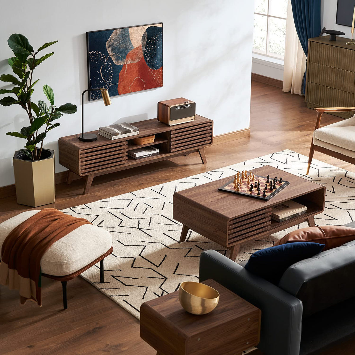 Walnut 59 inch TV Stand with Storage H9217