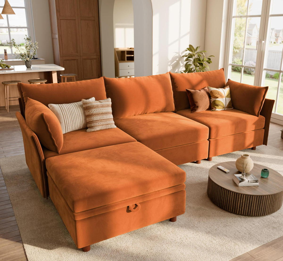 102.6" L Shaped 4 Seater Velvet Sectional Sofa with Storage Ottoman R1709