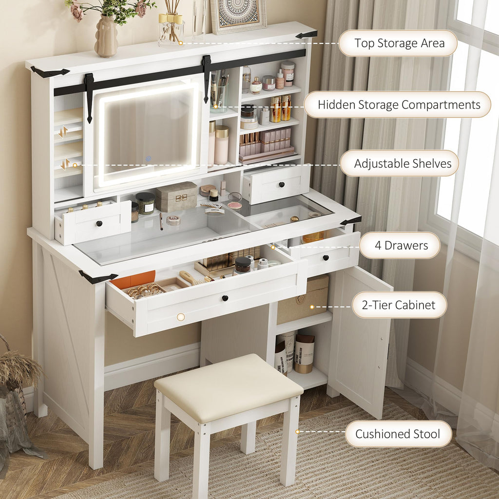 White Vanity Desk with Mirror, LED Lights, Stool N5290