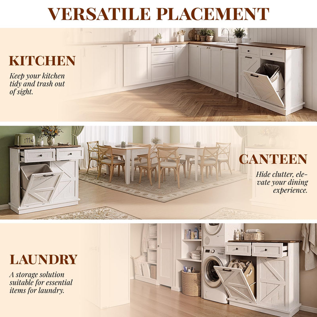 White Double 10-Gallon Tilt Out Trash Can Cabinet with Drawer F605976