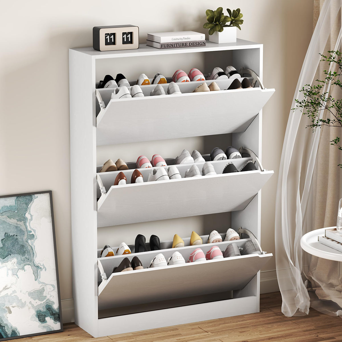 White 3 Flip Drawer Wood Shoe Cabinet J14344