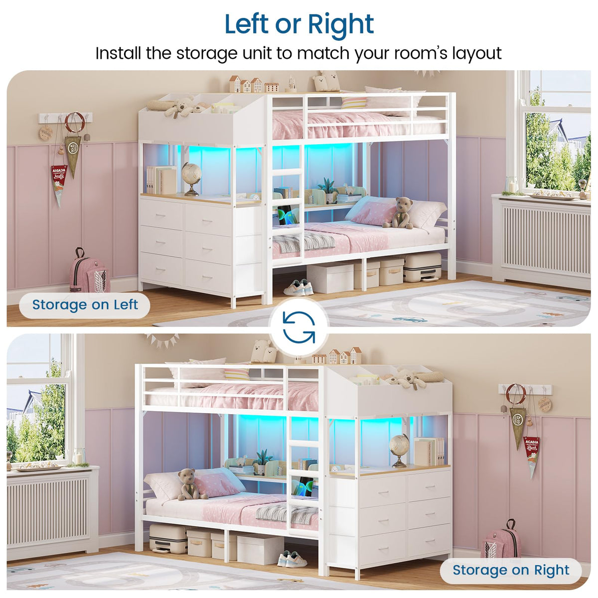 Twin Over Twin Bunk Bed with 6 Storage Drawers, Shelves, LED Lights and Ladder X28361
