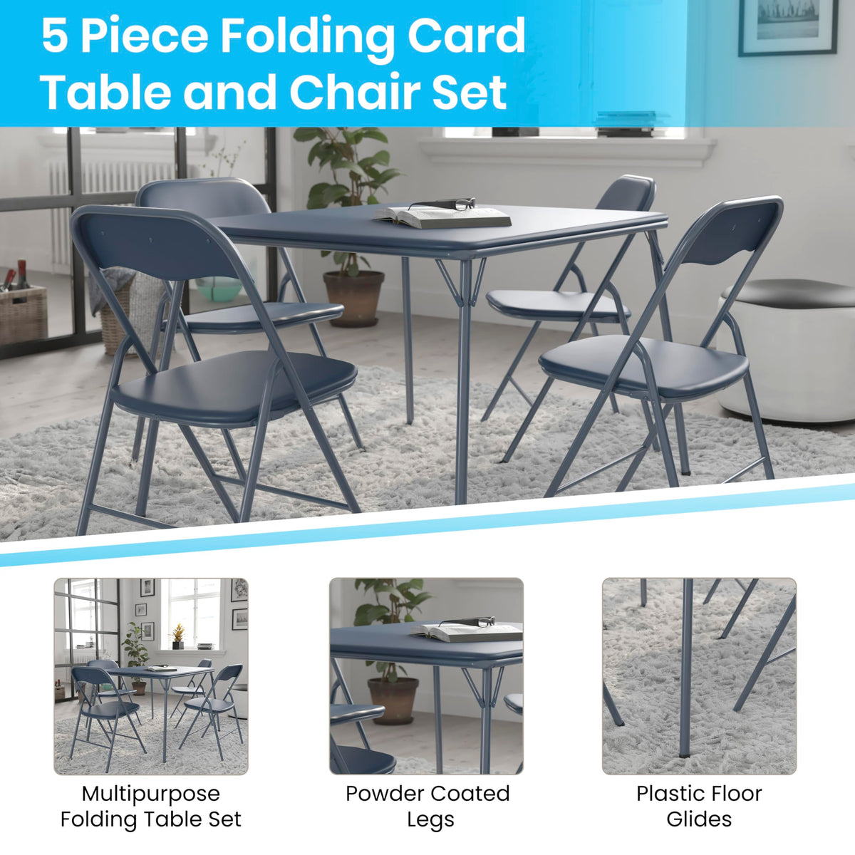 Navy Square Folding Card Table and Chairs Set U62433