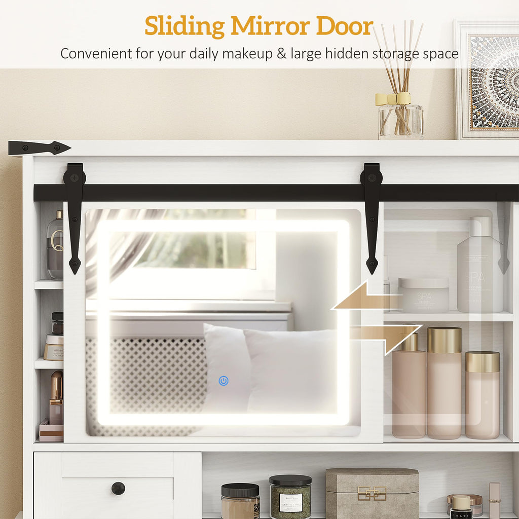 White Vanity Desk with Mirror, LED Lights, Stool N5290