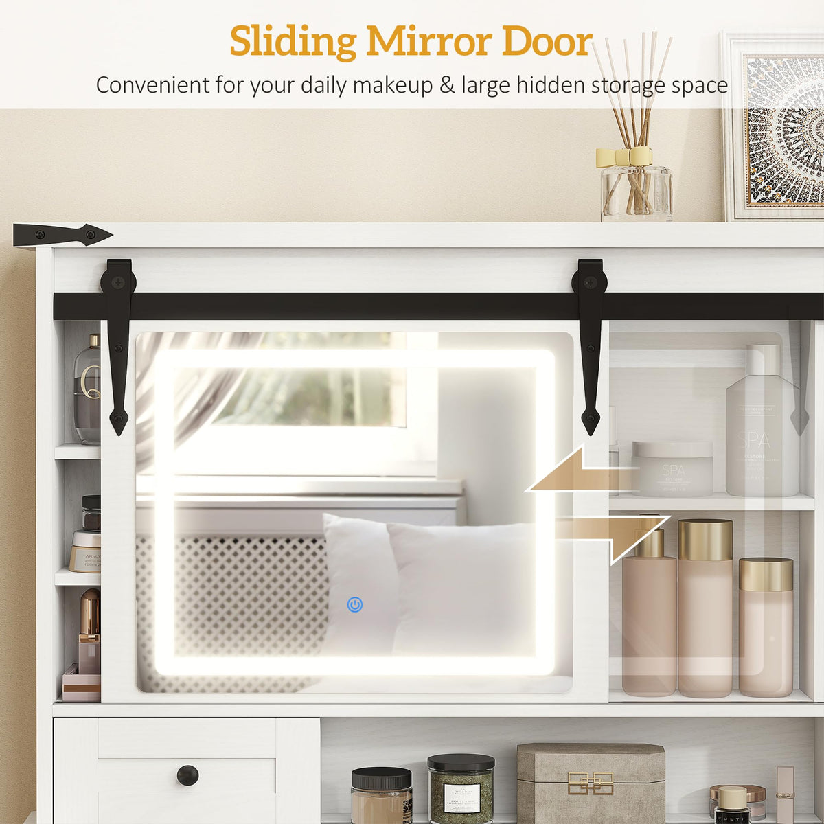 White Vanity Desk with Mirror, LED Lights, Stool N5290