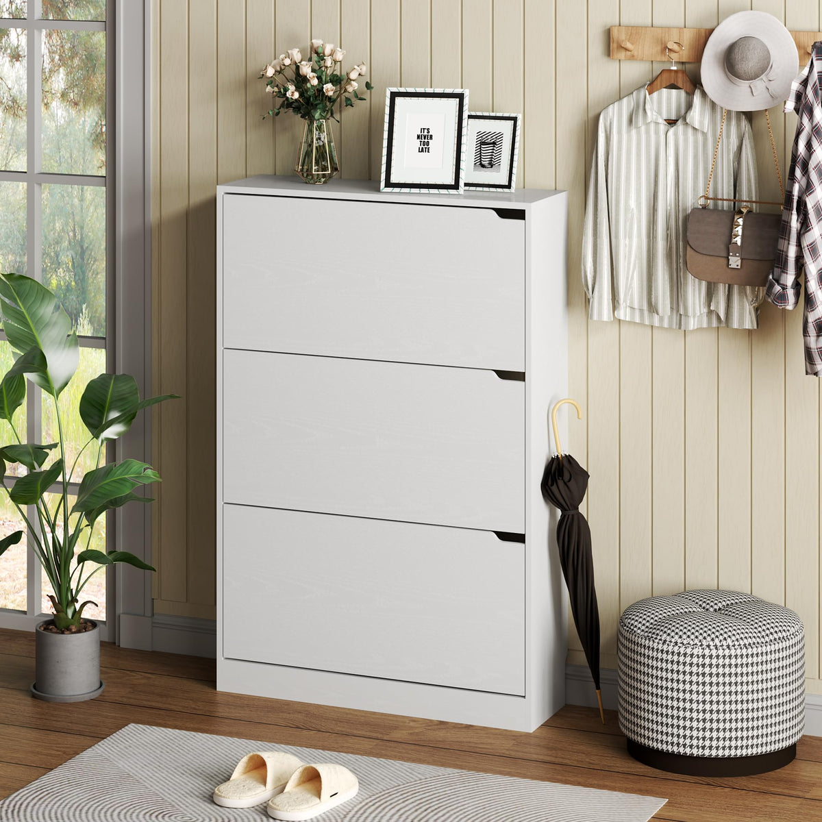 White 3 Flip Drawer Wood Shoe Cabinet J14344
