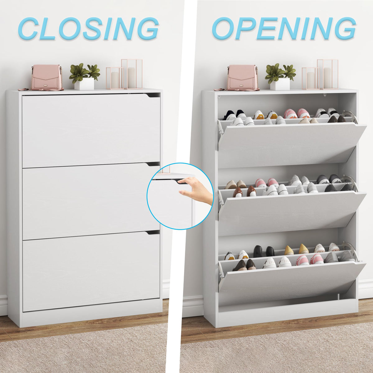 White 3 Flip Drawer Wood Shoe Cabinet J14344