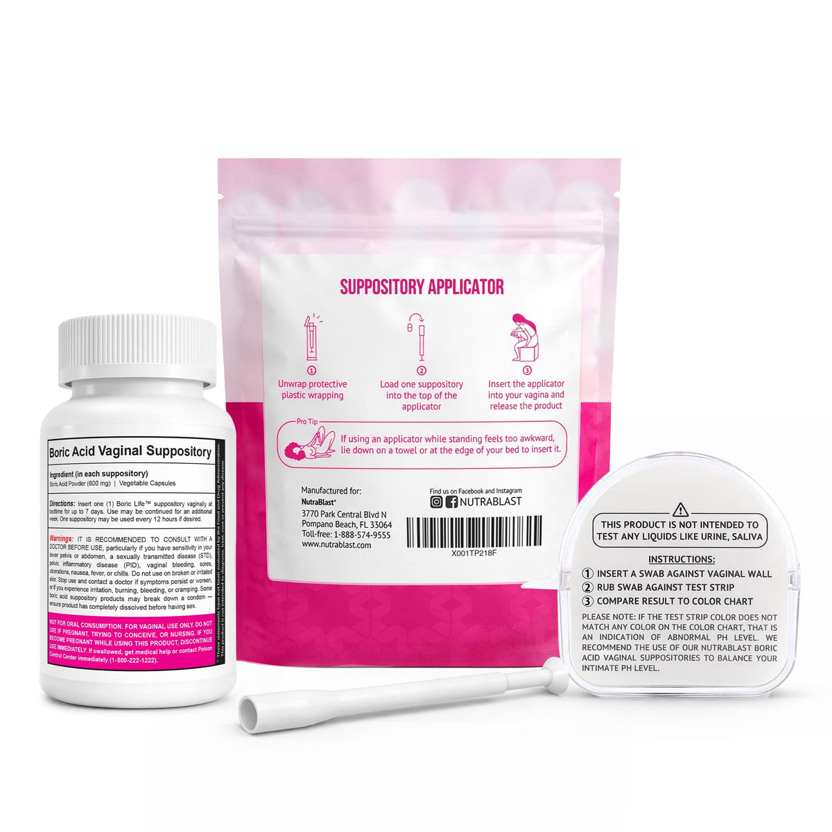 Boric Acid Suppositories 600mg 30 Count with Applicators and pH Test Strips H1535