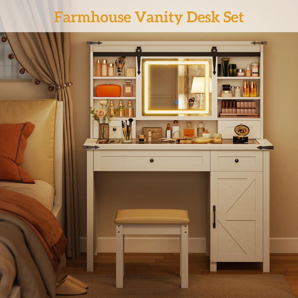 White Vanity Desk with Mirror, LED Lights, Stool N5290