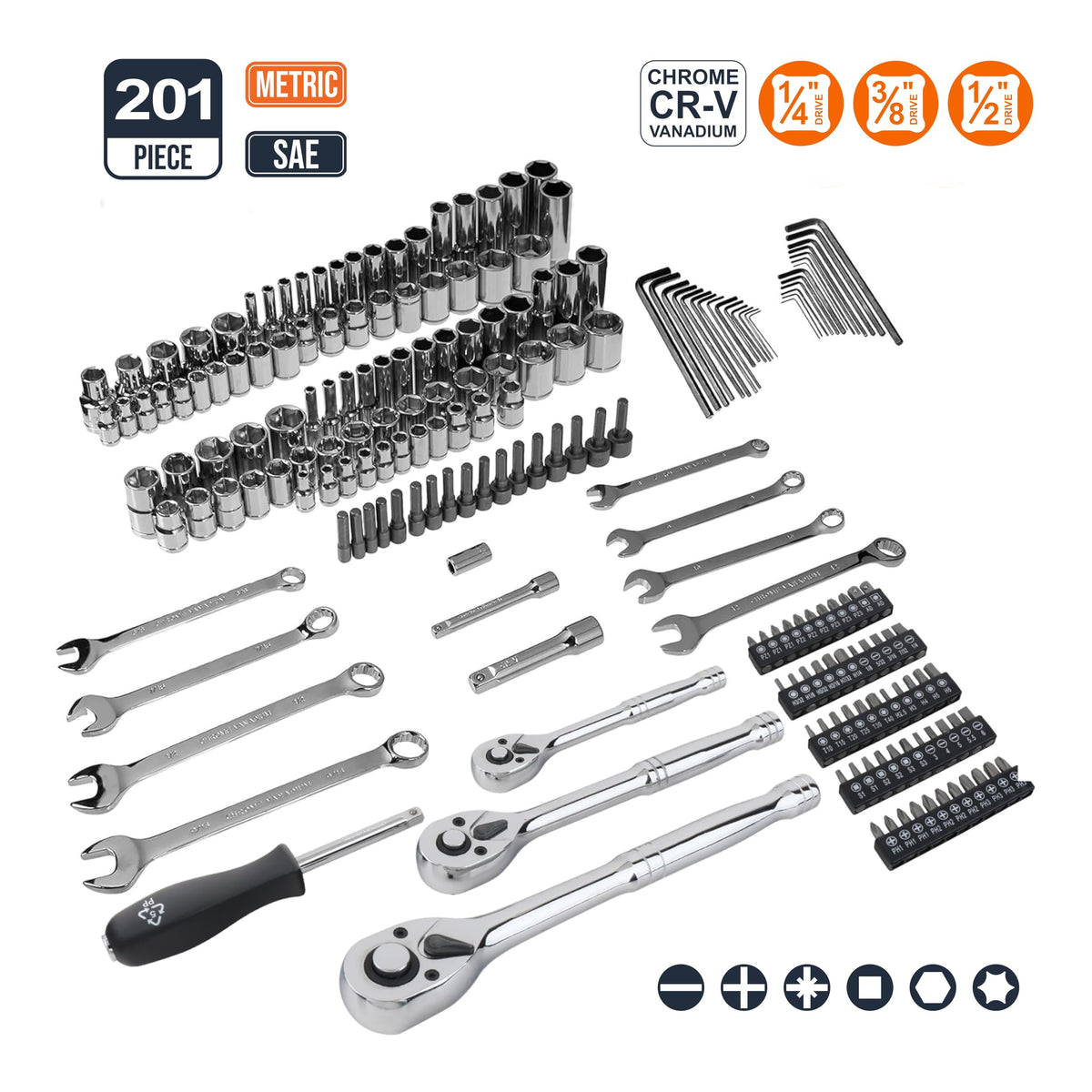 201-Piece Mechanic's Socket Tool Set with Case, SAE and Metric, Chrome-Vanadium Steel G911