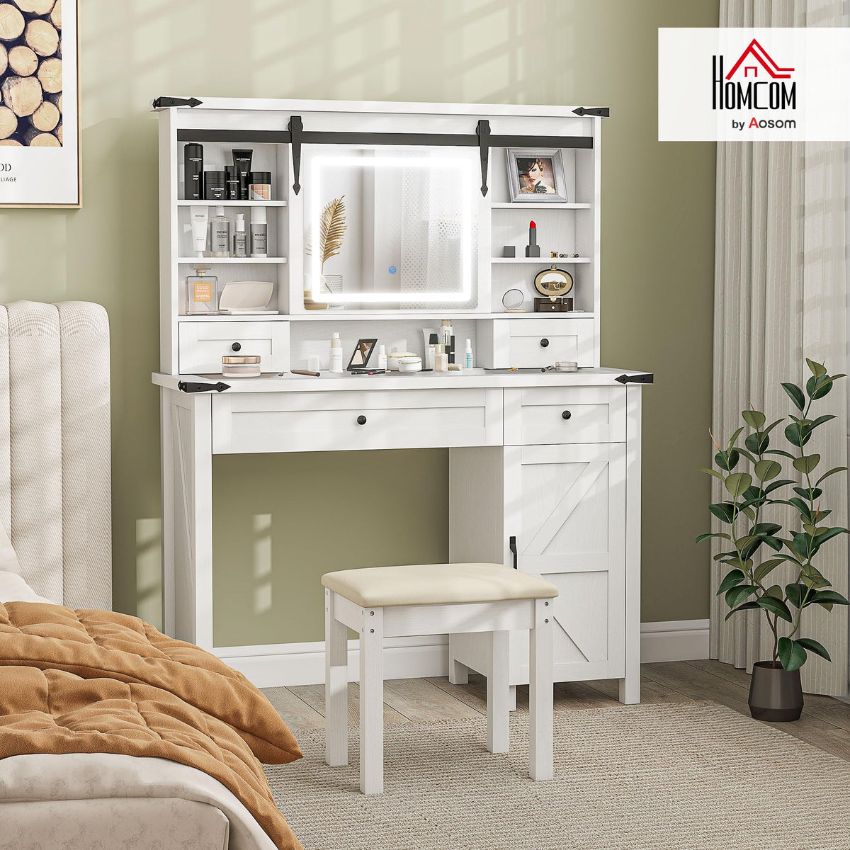 White Vanity Desk with Mirror, LED Lights, Stool N5290