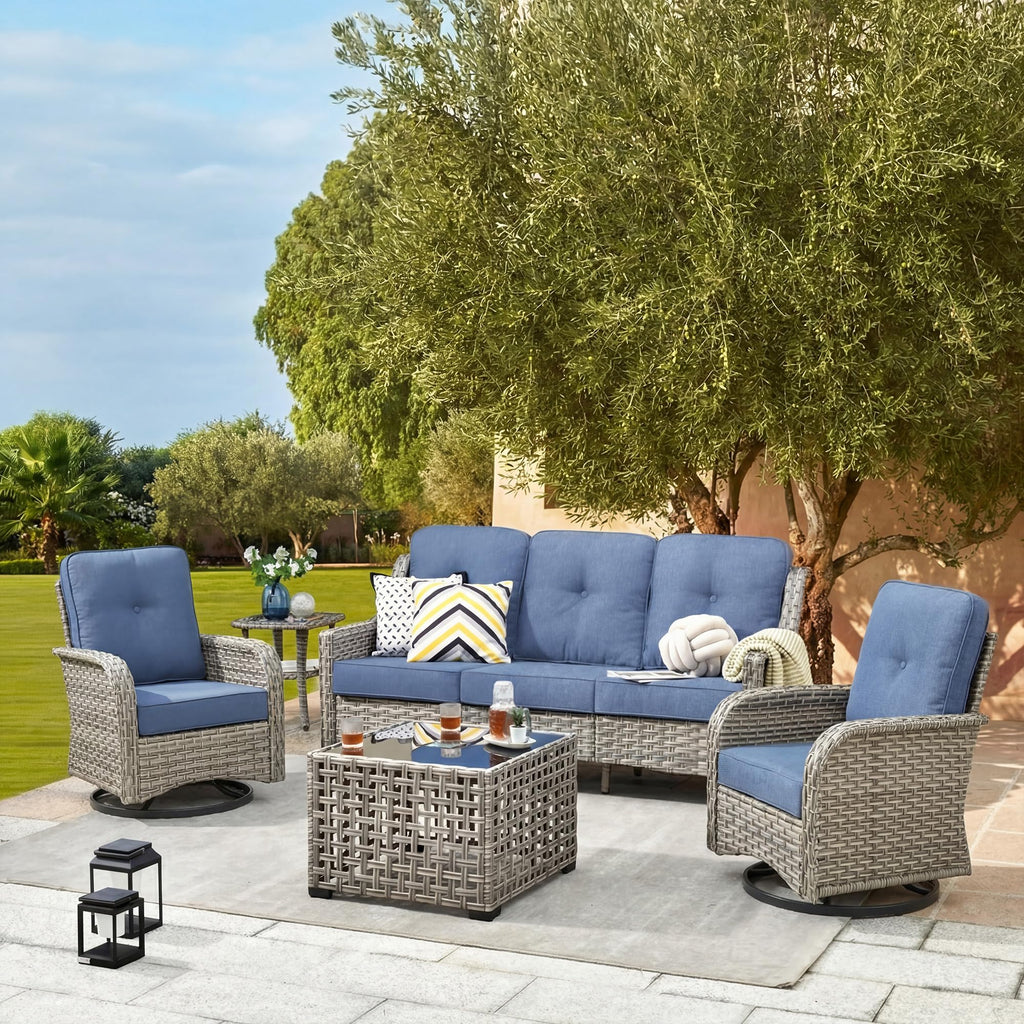 All Weather Wicker 5 PCS Outdoor Sofa Set with Swivel Rocker Chairs H1412